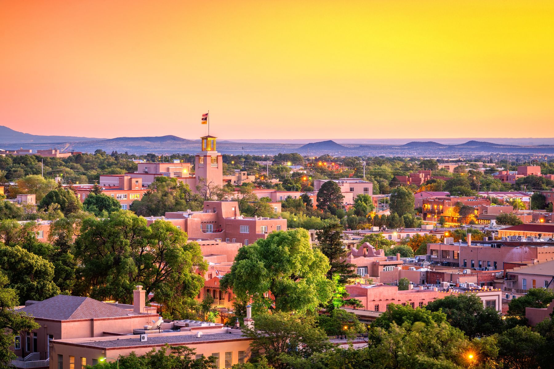 Golden-hour light over Santa Fe's historic adobe architecture